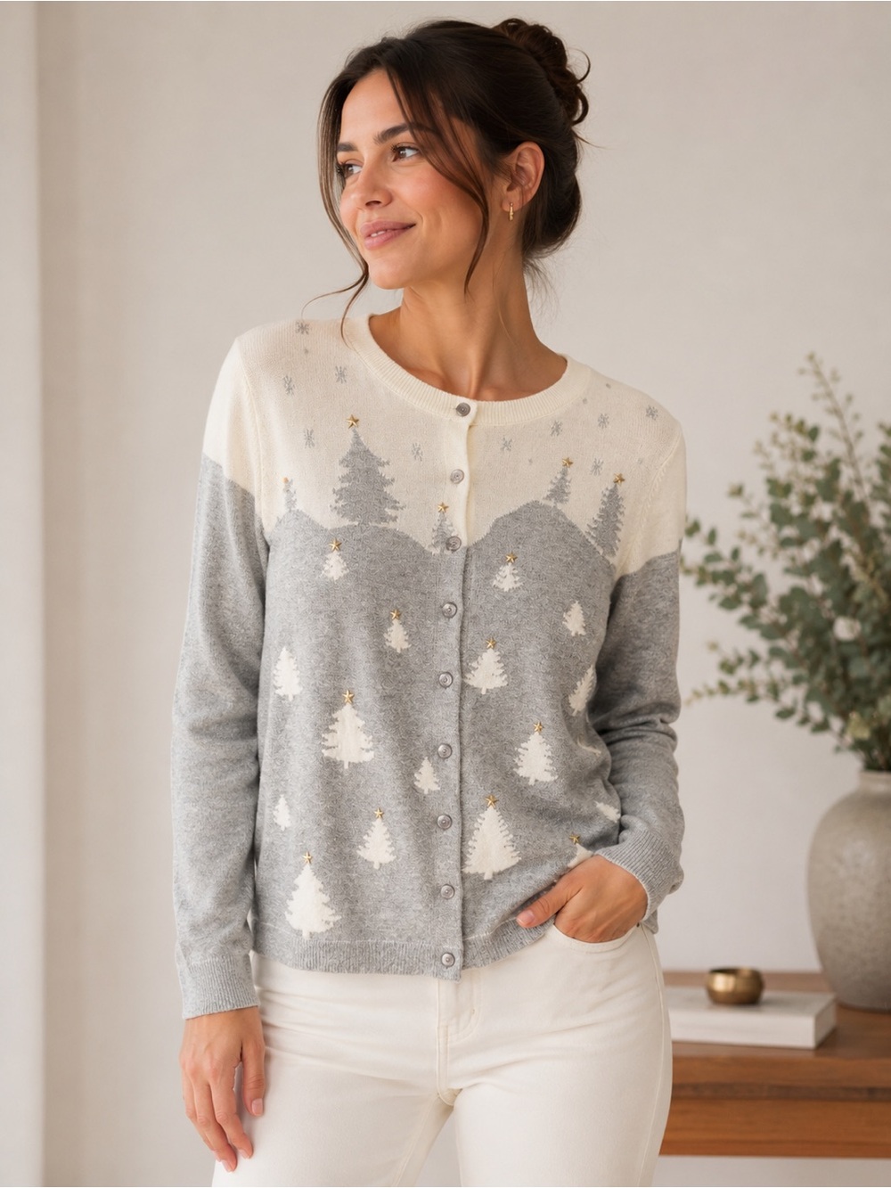 Talbots Petite M Metallic Winter Tree Landscape Cardigan Sweater